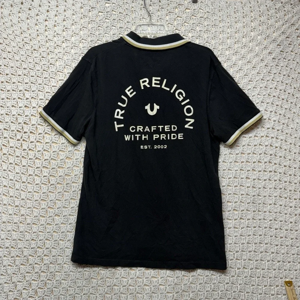 True Religion Polo Shirt Mens Size L Black‎ Crafted With Pride Short Sleeve Flaw